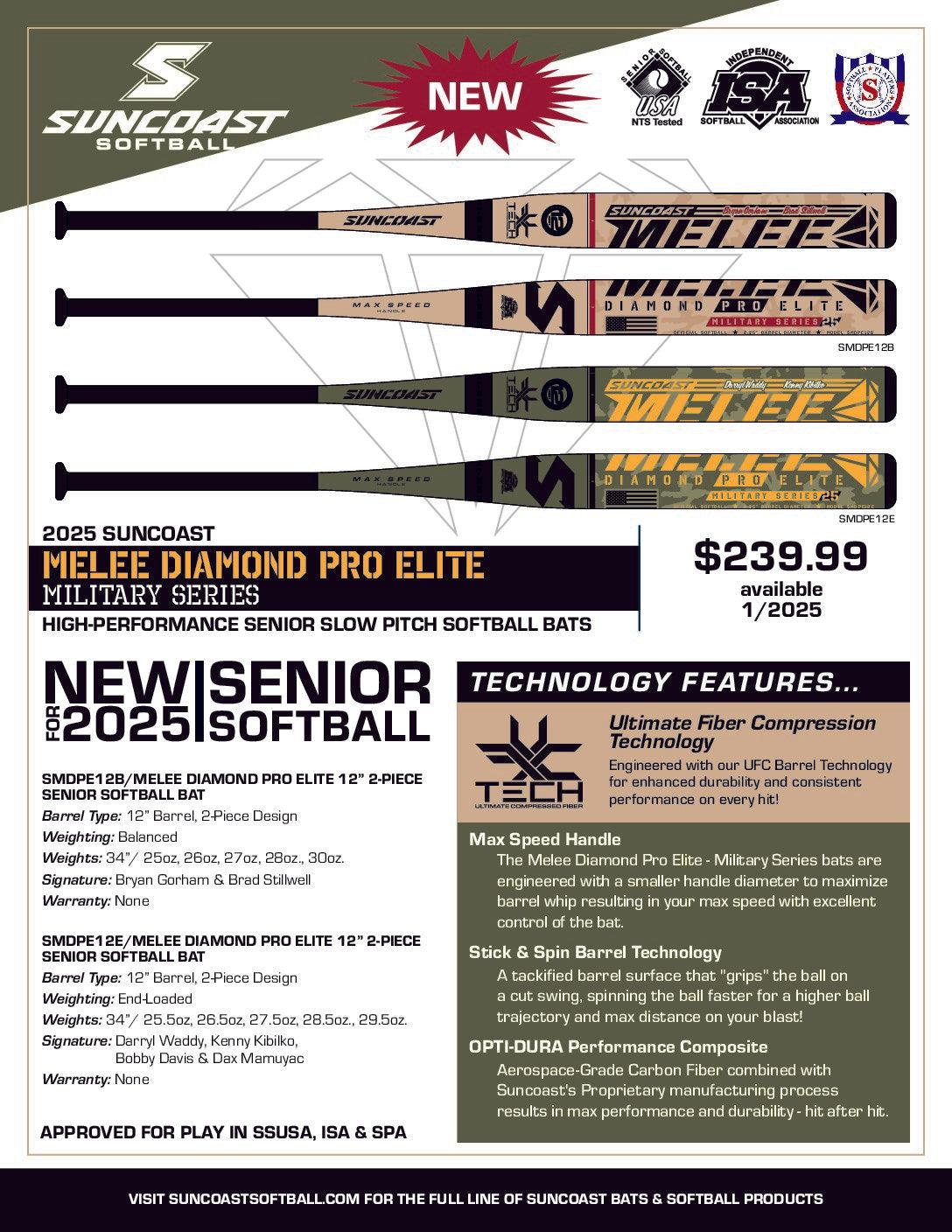 2025 Suncoast Melee Diamond Pro Elite 12" 2-Piece Endload Military Series SSUSA Senior Slowpitch Softball Bat – Product View