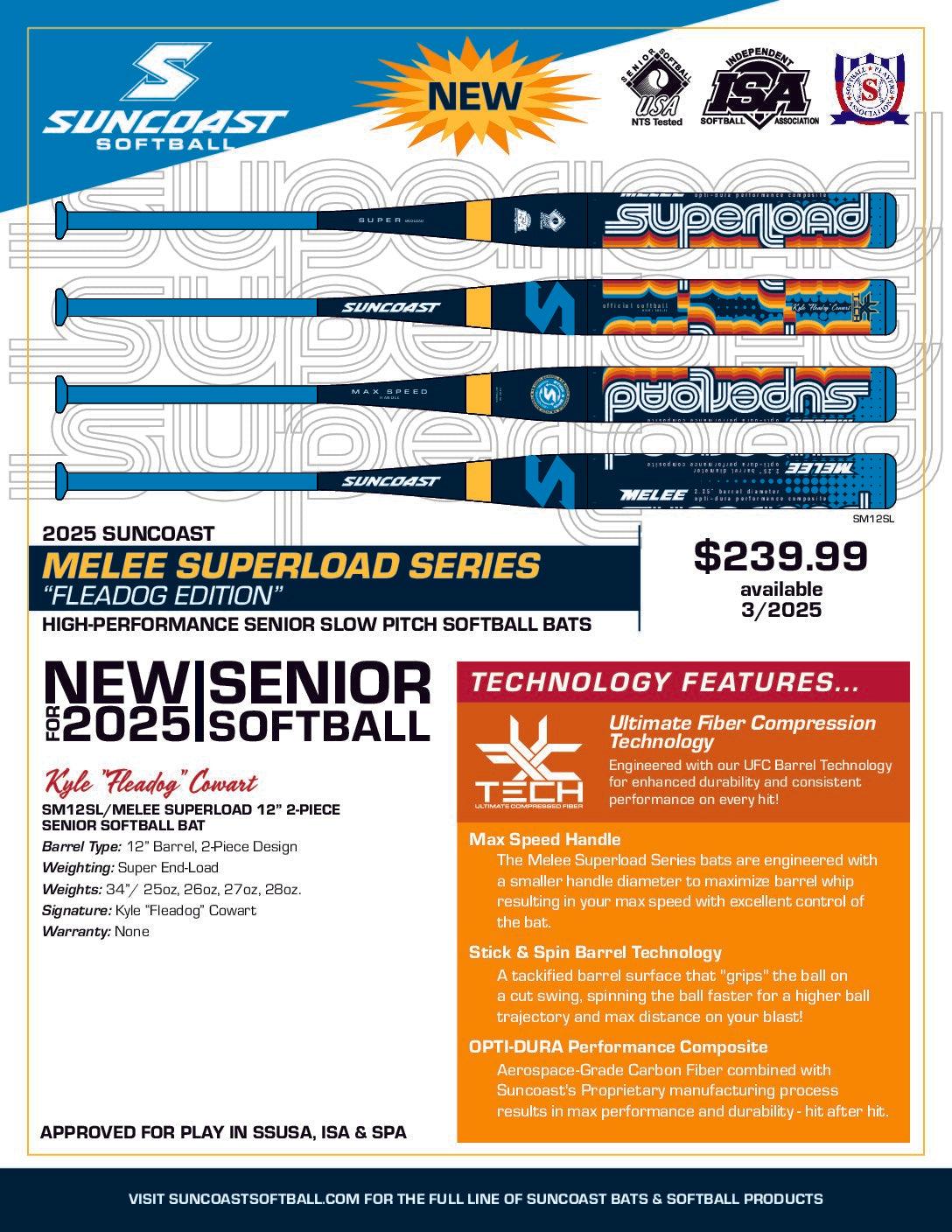 2025 Suncoast Melee Fleadog Edition 12" 2-Piece Superload SSUSA Senior Slowpitch Softball Bat – Product View | Smash It Sport