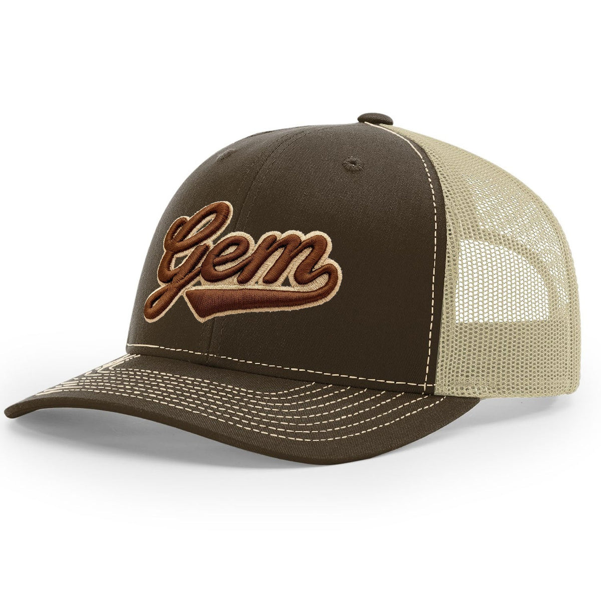 Gem Gloves R112 Trucker Hat - Brown/Khaki Script – Product View | Smash It Sports | leather, pro