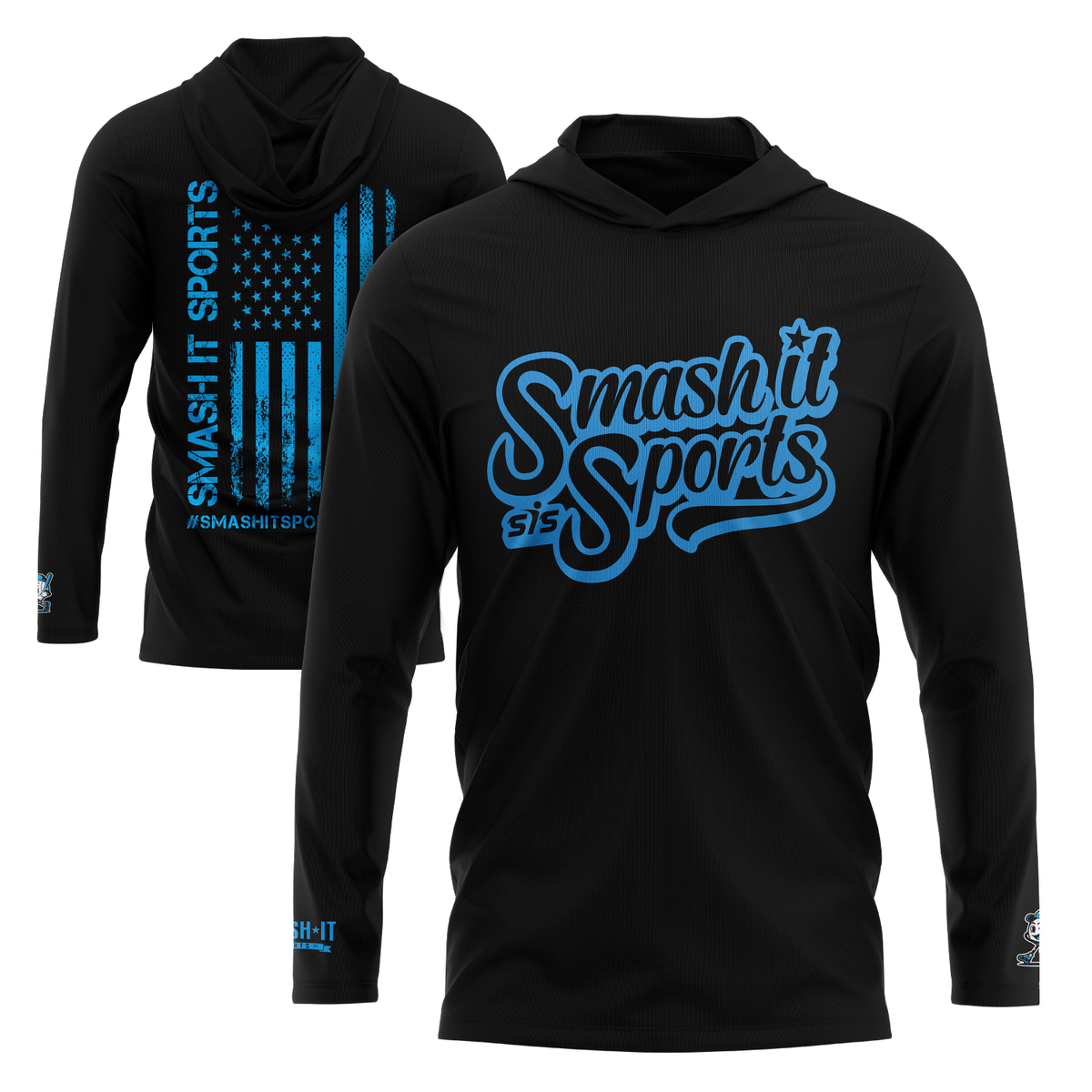 Smash It Sports Hooded Long Sleeve Tee - Columbia Blue/Black Script – Specs Overview | Smash It Sports