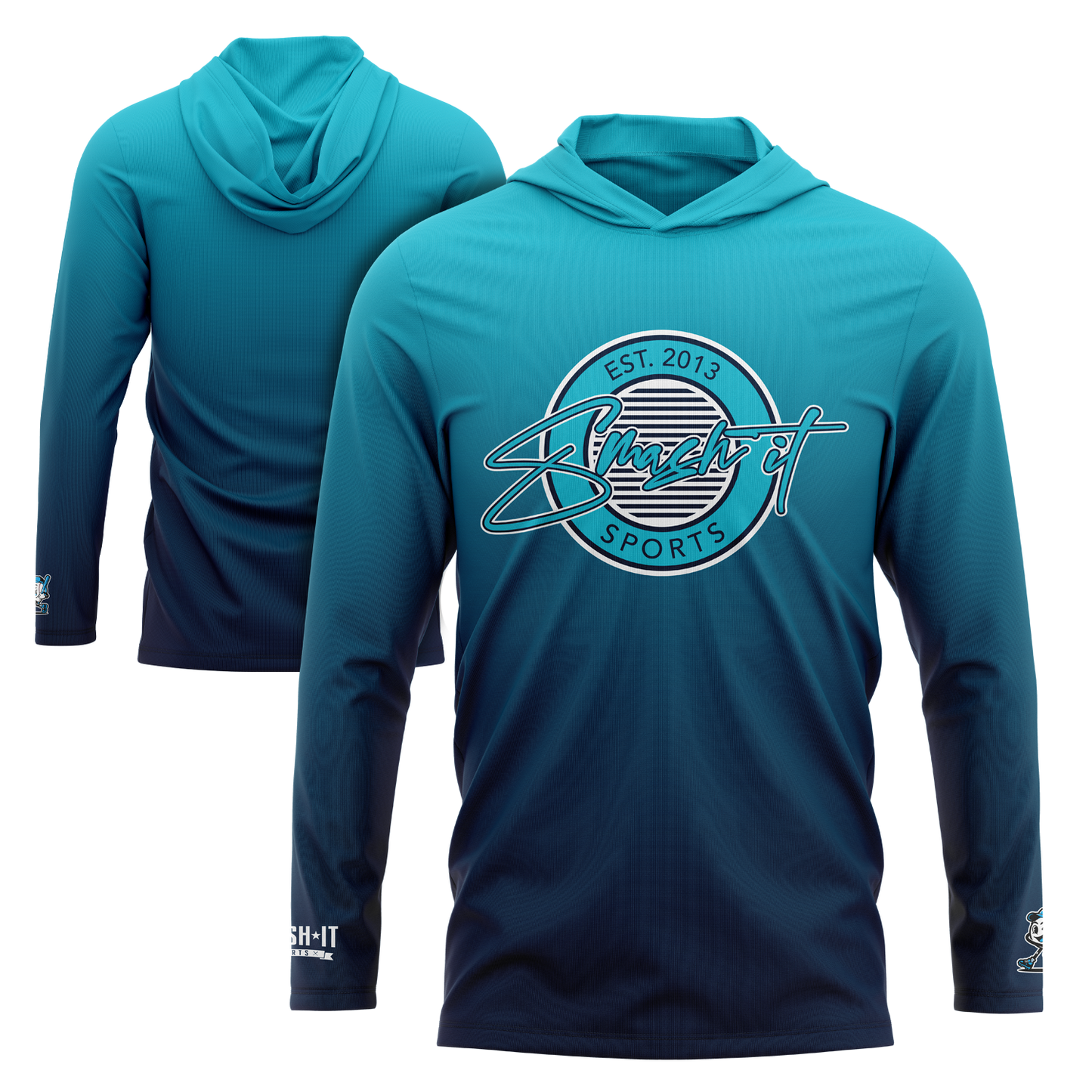 Smash It Sports Hooded Long Sleeve Tee - Teal/Navy Fade – Specs Overview | Smash It Sports