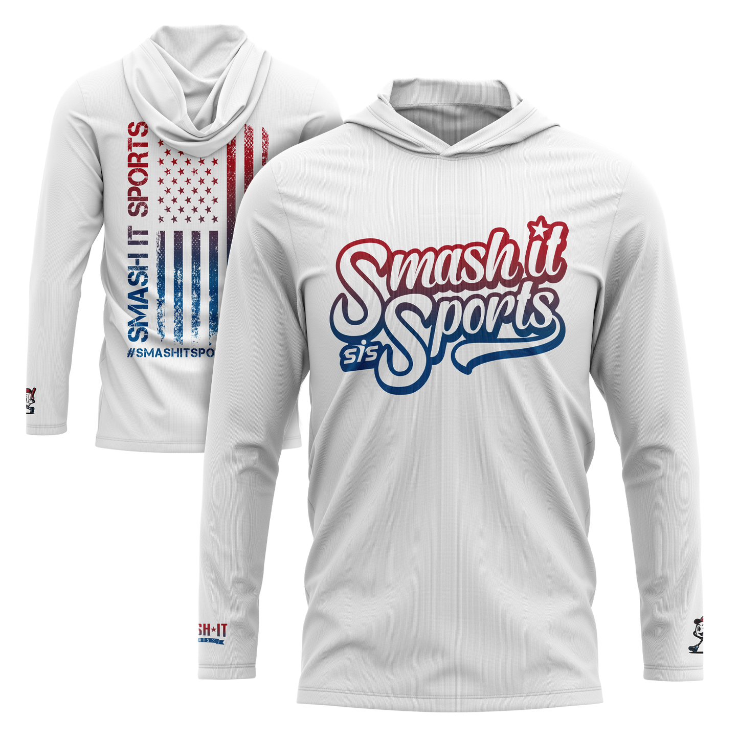 Smash It Sports Hooded Long Sleeve Tee - White/Royal/Red Script – Specs Overview | Smash It Sports