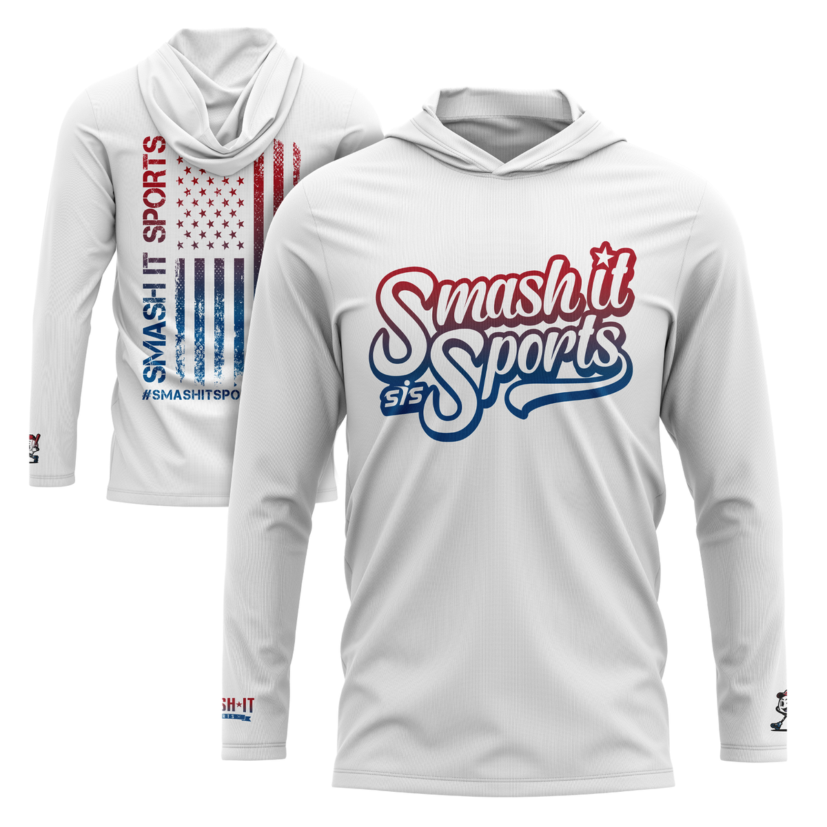 Smash It Sports Hooded Long Sleeve Tee - White/Royal/Red Script – Specs Overview | Smash It Sports