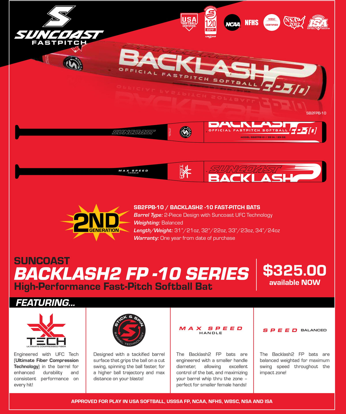 2024 Suncoast Backlash2 FP -10 Fastpitch Softball Bat (All Associations) – Product View | Smash It Sports | ash, usssa, loade