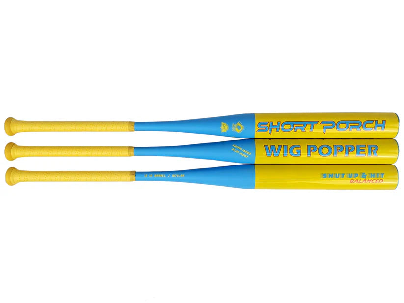 2025 Short Porch Wig Popper Blue/Yellow Balanced 1-Piece Kevlar Spin Tech SSUSA Senior Slowpitch Softball Bat – Product View