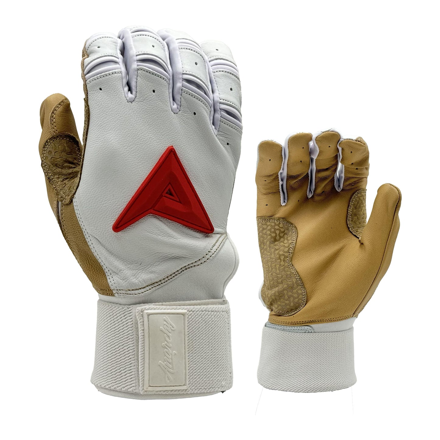 Anarchy Grindstone Long Cuff Batting Glove - White/Tan/Red – Product View | Smash It Sports | leather, pro