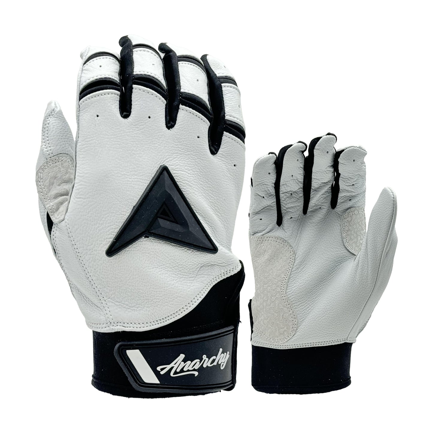 Anarchy Grindstone Short Cuff Batting Glove - White/Black – Product View | Smash It Sports | leather, pro
