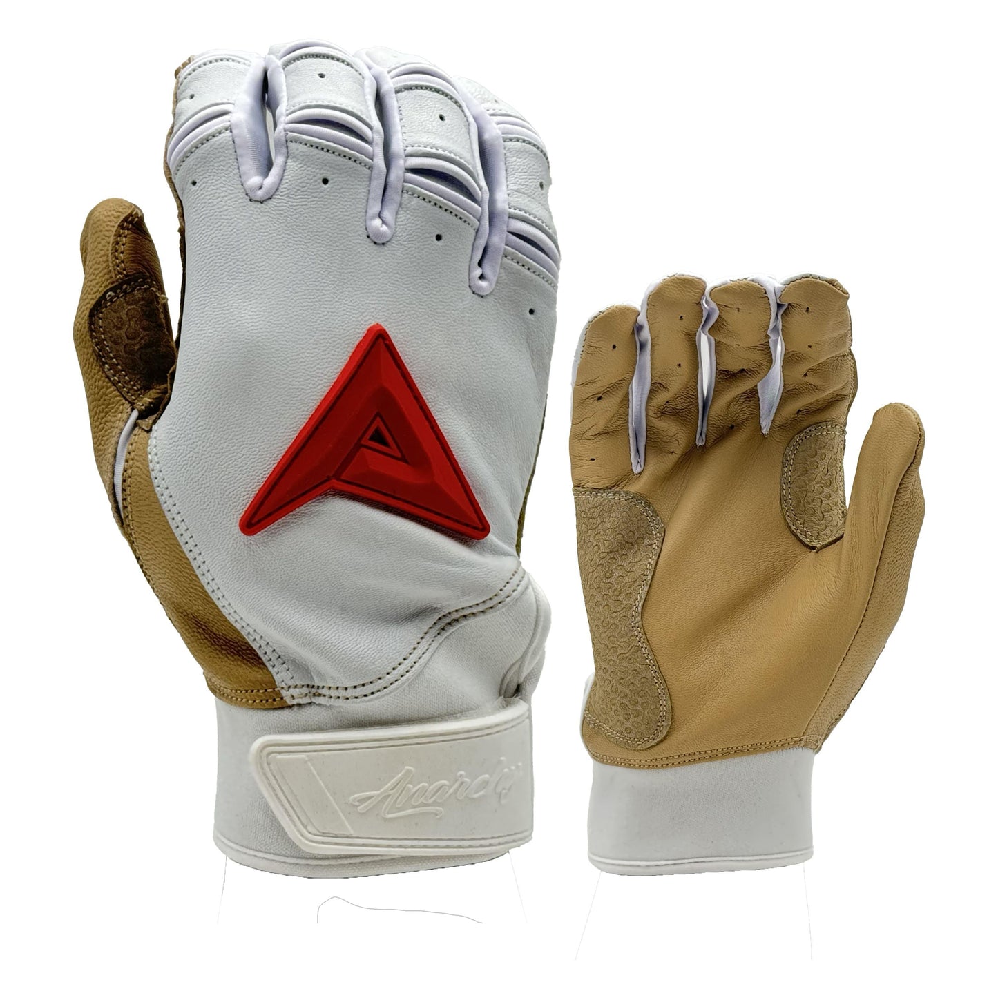 Anarchy Grindstone Short Cuff Batting Glove - White/Tan/Red – Product View | Smash It Sports | leather, pro