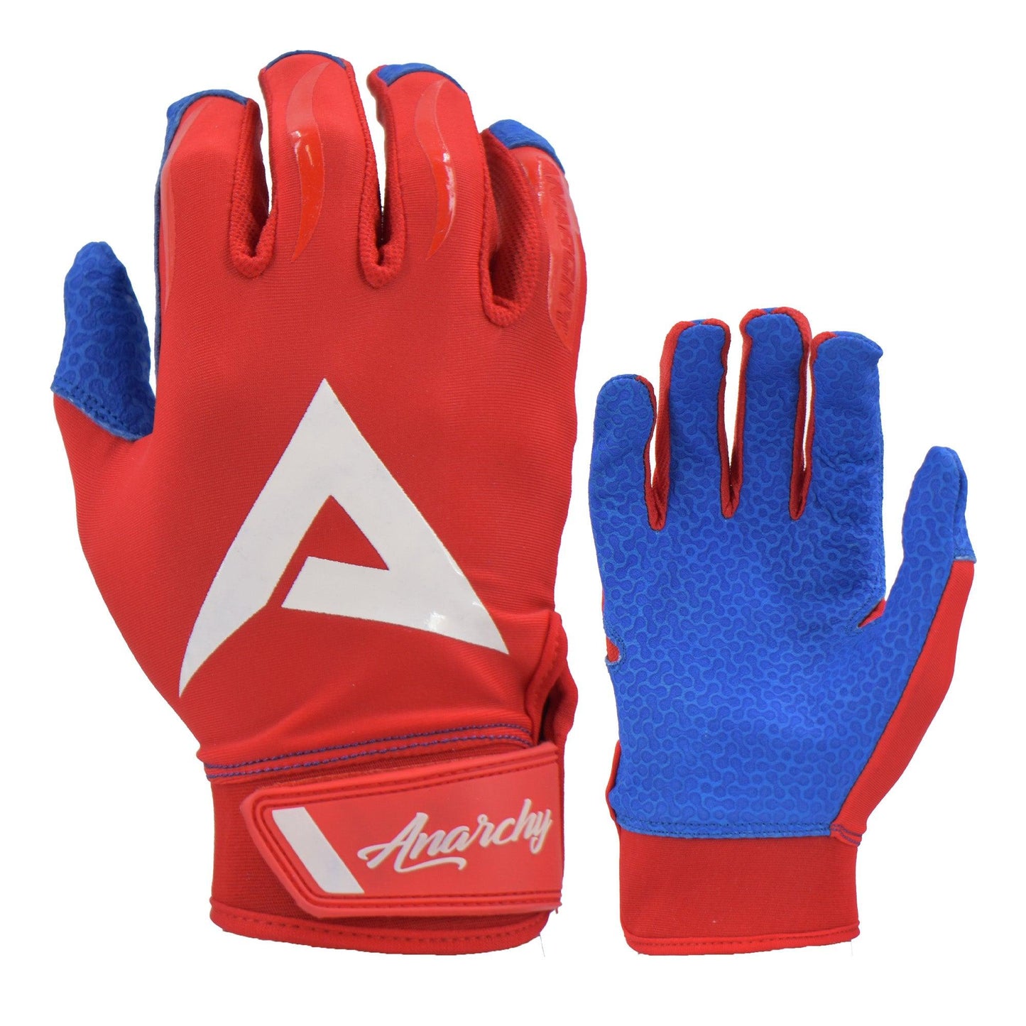 Anarchy Pro Grip Batting Gloves - Red/Royal/White – Product View | Smash It Sports | leather, pro