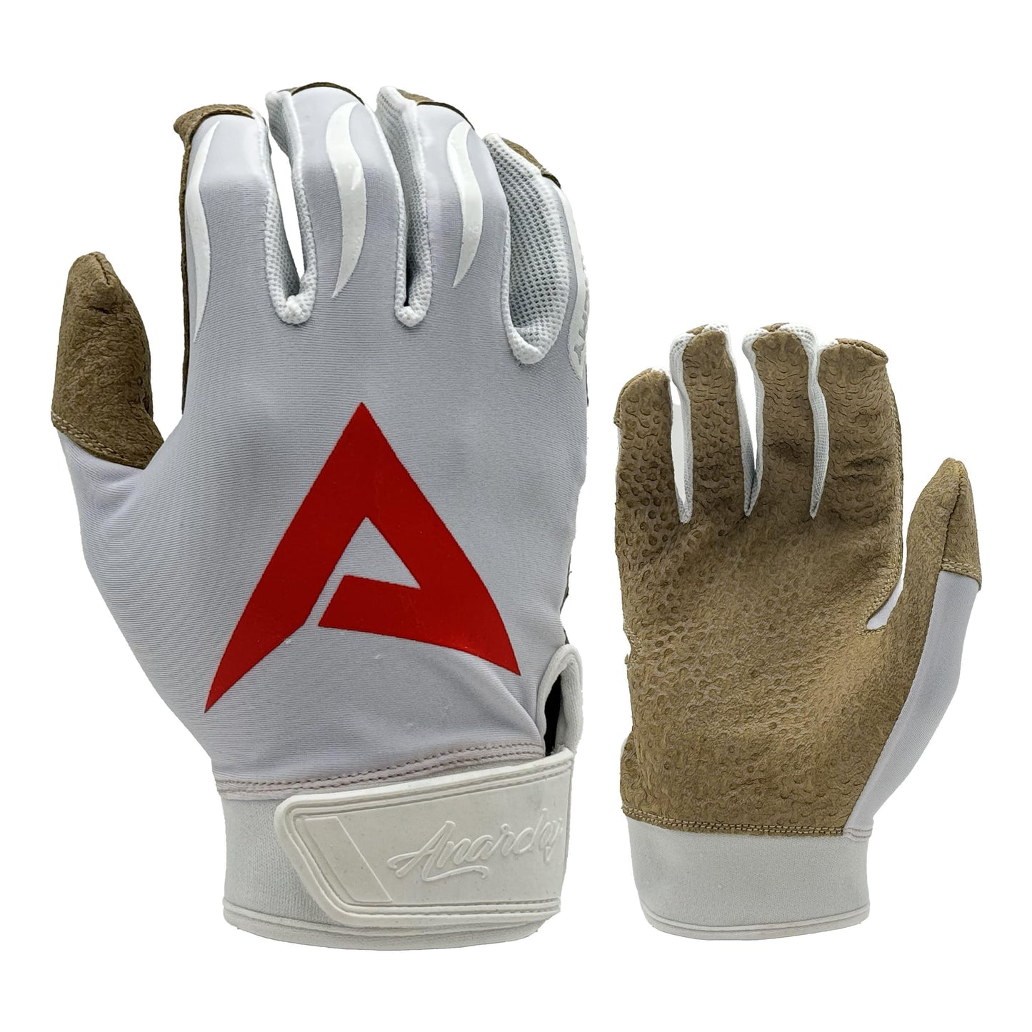 Anarchy Pro Grip Batting Gloves - White/Tan/Red – Product View | Smash It Sports | leather, pro