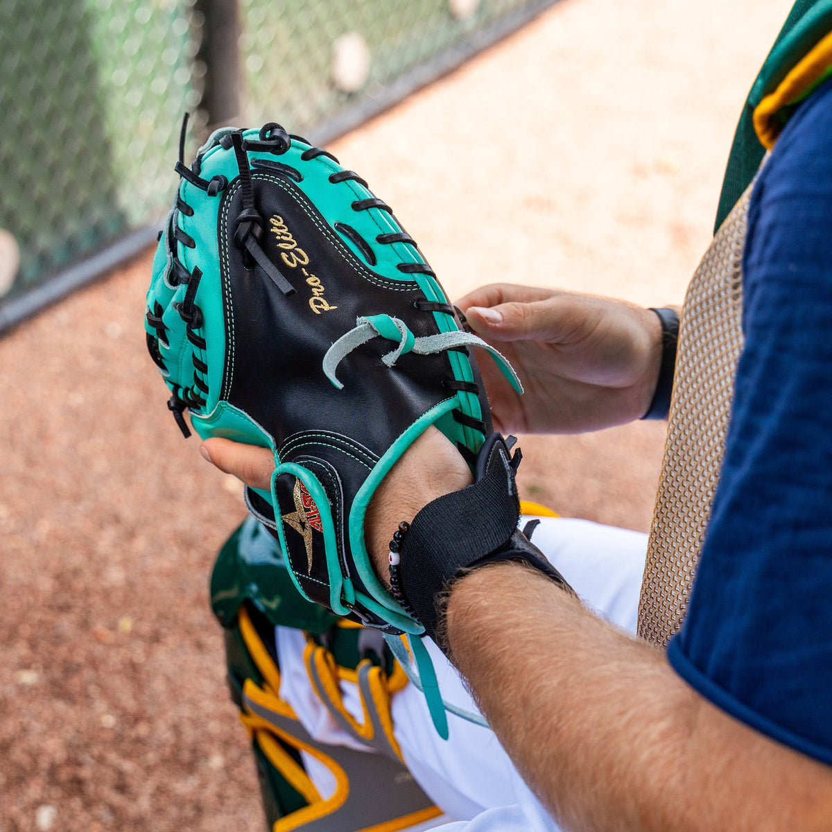 All-Star Pro Elite 34" Black/Mint Catchers Mitt/Glove – Product View | Smash It Sports | leather, steerhide, pro