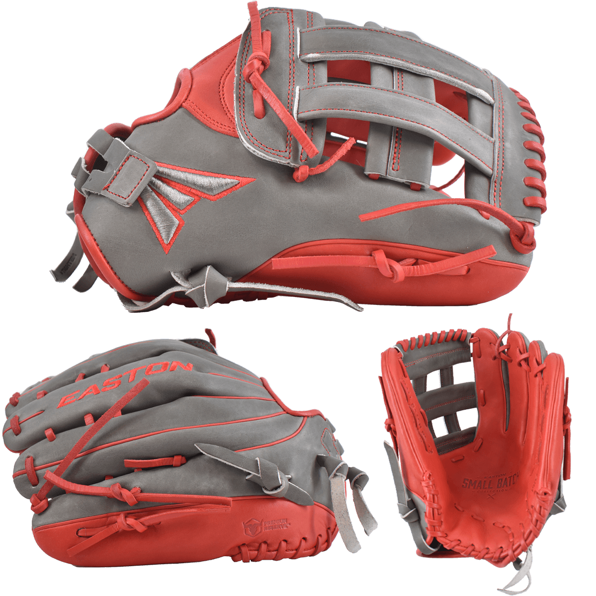 Easton Small Batch No. 72 LHT Slowpitch Softball Glove - Grey/Red – Specs Overview | Smash It Sports | leather, cowhide, pro