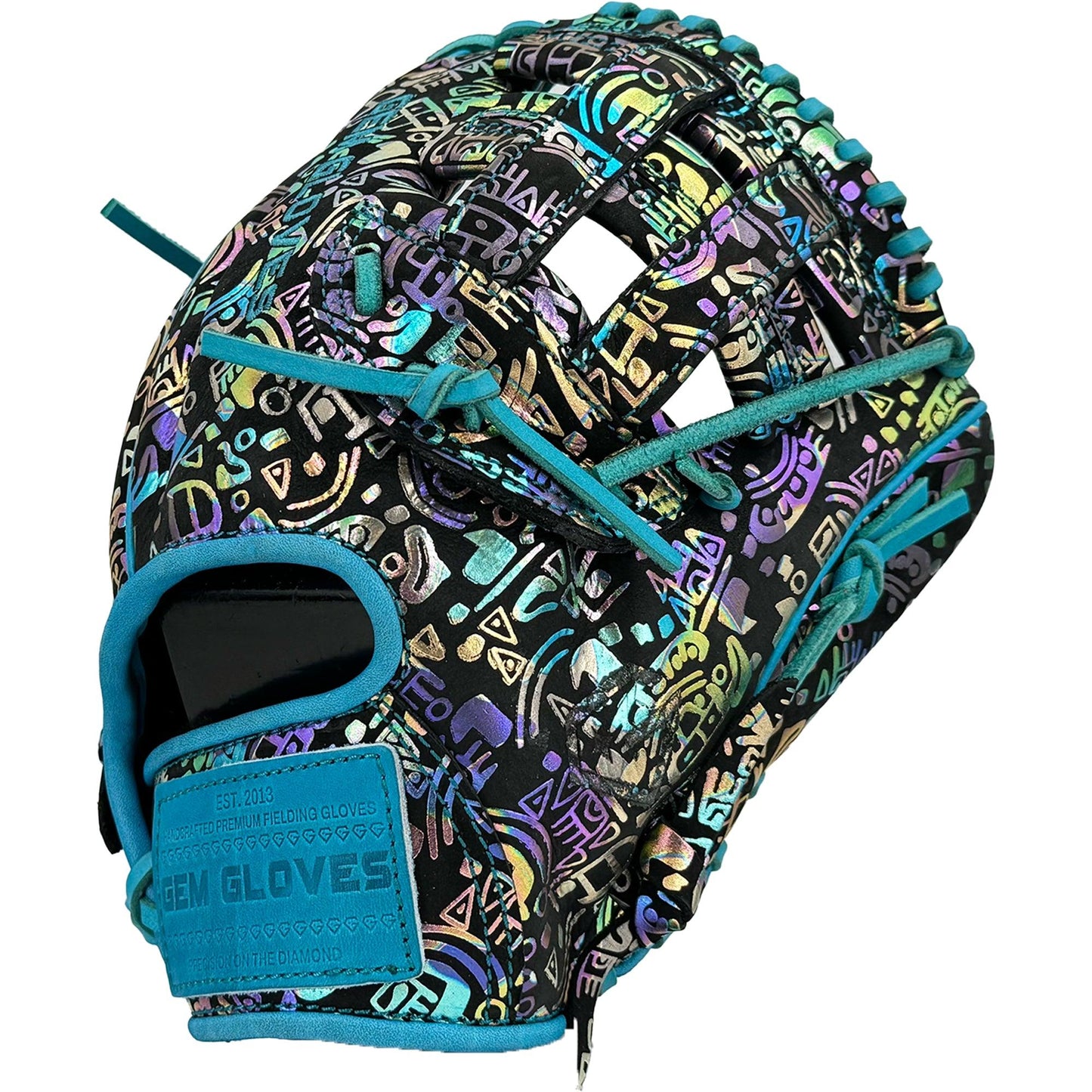 Gem Gloves Baseball Fielding Glove - GEM035 Holographic Aztec – Product View | Smash It Sports | leather, kip, pro