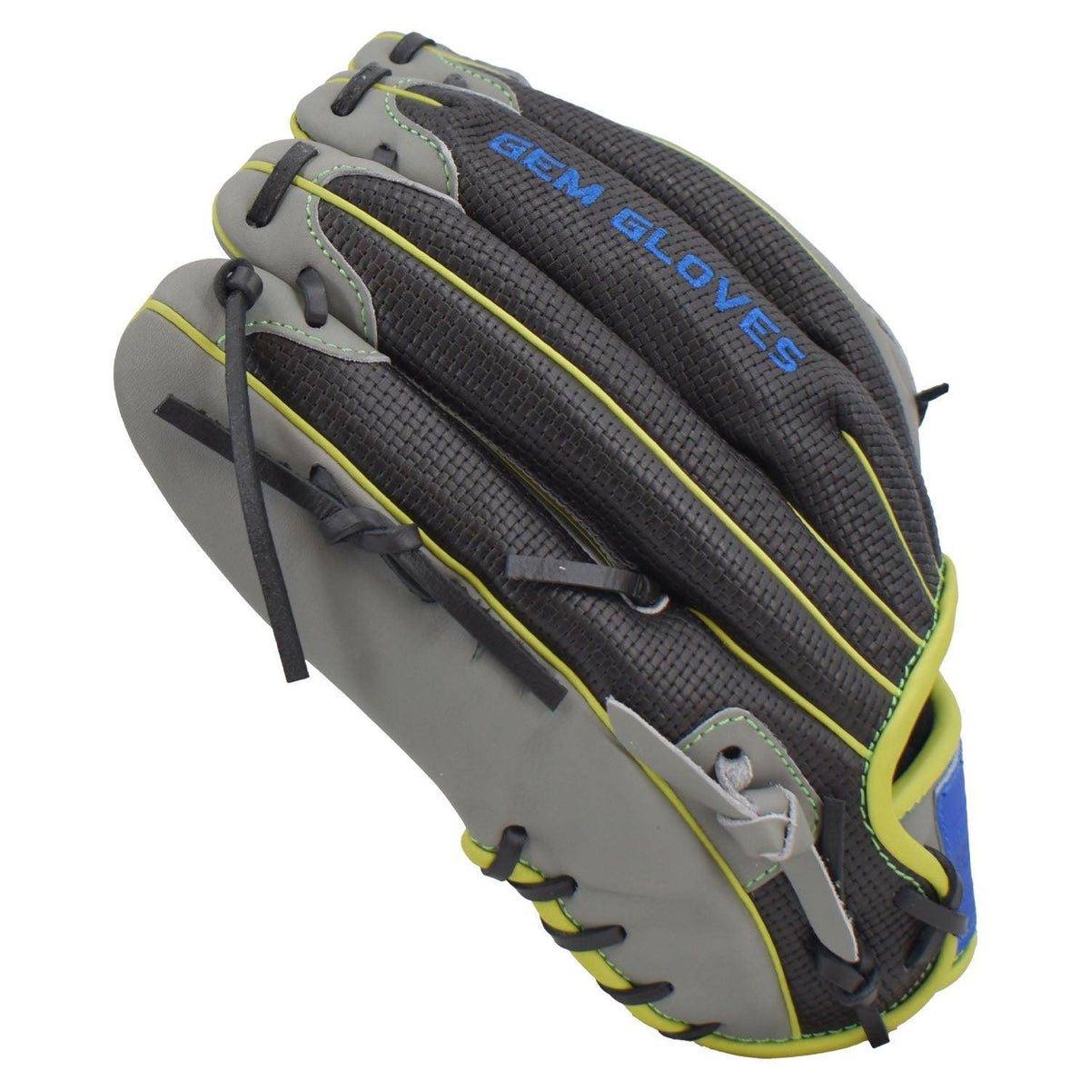 Gem Gloves Softball Fielding Glove - GEM010 Charcoal/Black/Neon Green ā Product View | Smash It Sports | leather, kip, pro