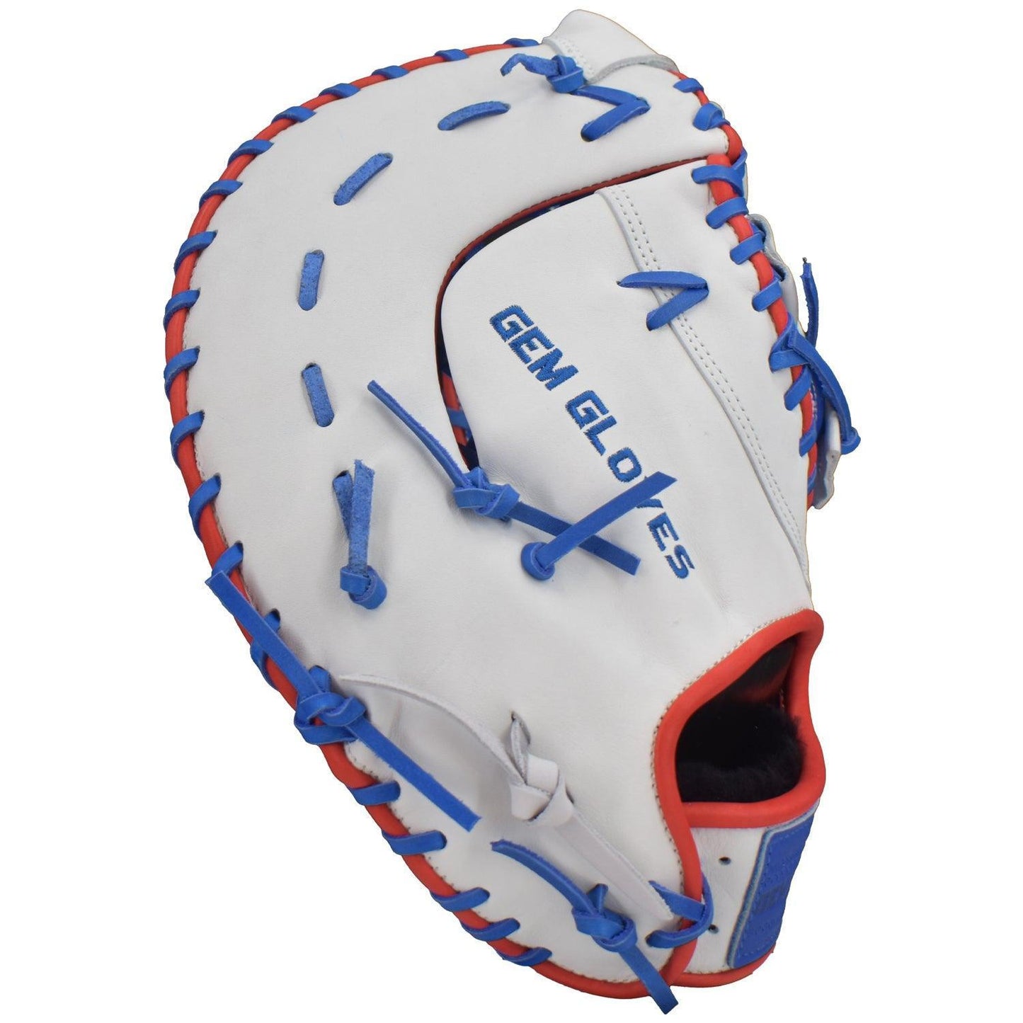 Gem Gloves Softball First Base Mitt/Glove - GEM019 (White/Royal/Red) – Product View | Smash It Sports | leather, kip, pro