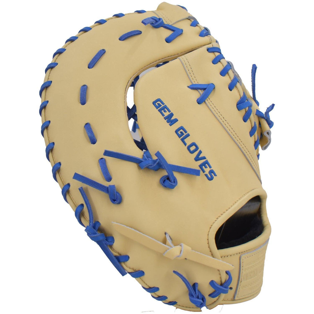 Gem Gloves Softball First Base Mitt/Glove - GEM020 (Tan/Royal) – Product View | Smash It Sports | leather, kip, pro