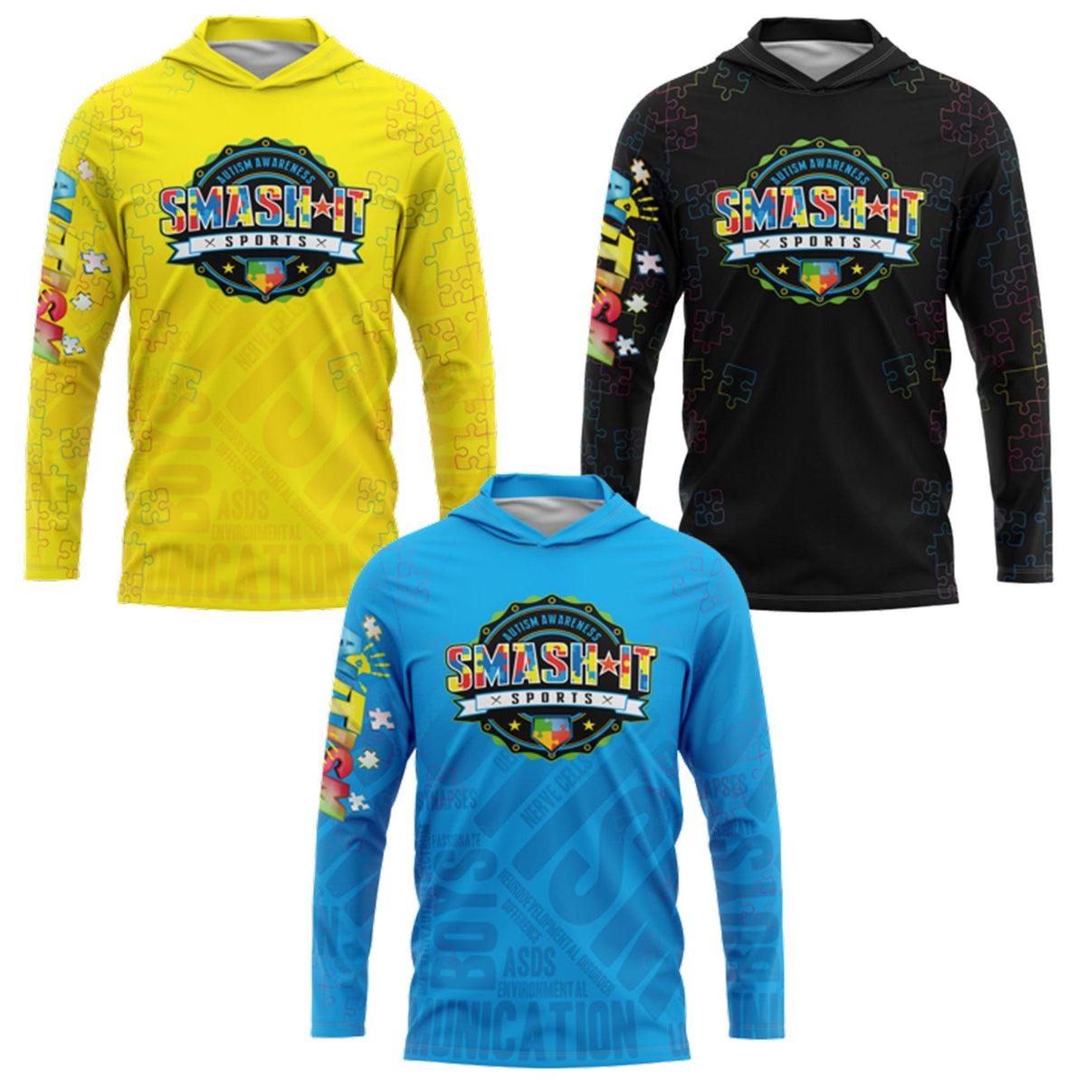 Smash It Sports Hooded Long Sleeve Tee - Autism Awareness – Product View | Smash It Sports