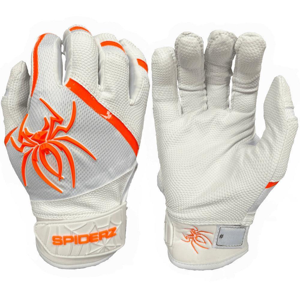 Spiderz PRO Batting Gloves - White/Orange – Product View | Smash It Sports | leather, pro