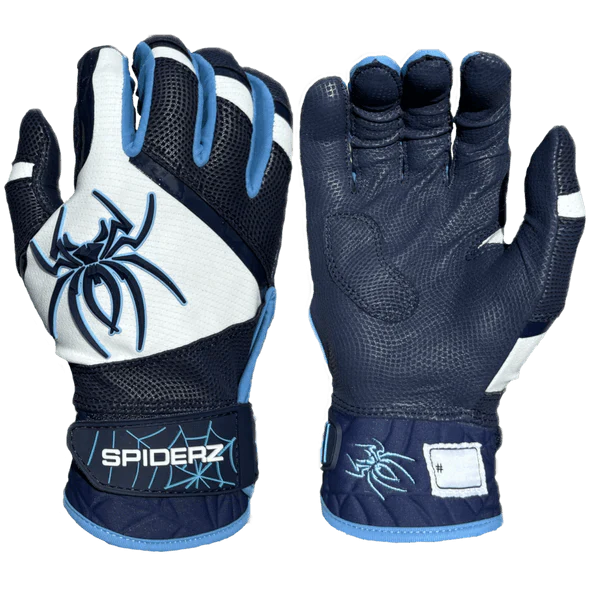 Spiderz Pro Premier Batting Gloves - Navy Blue/White/Columbia Blue – Product View | Smash It Sports | leather, pro