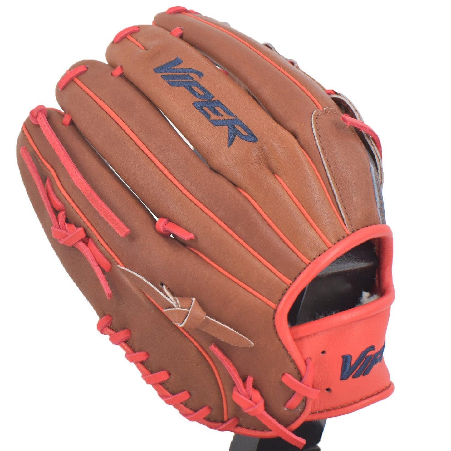 Viper Japanese Kip Leather Slowpitch Softball Fielding Glove Carmel/Navy/Red – Third View | Smash It Sports