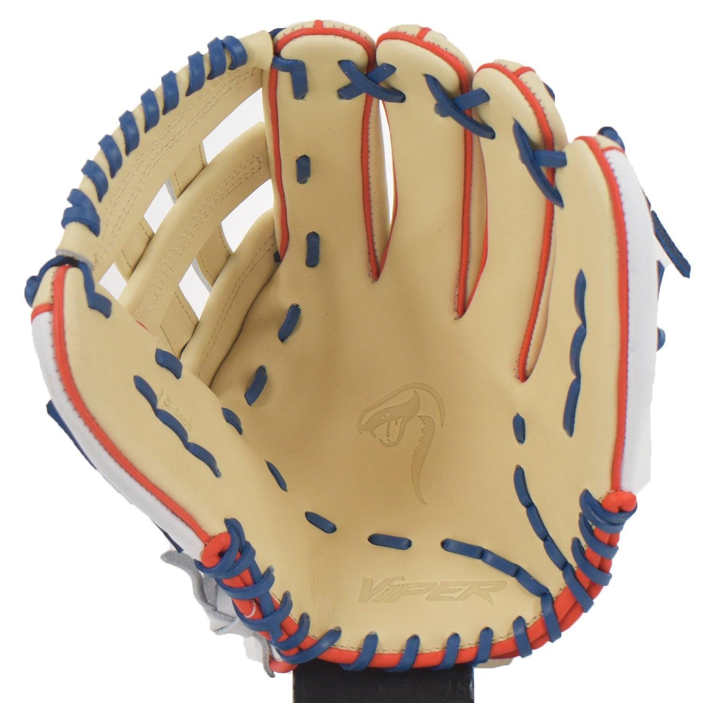 Viper Japanese Kip Leather Slowpitch Softball Fielding Glove Tan Red Blue White – Third View | Smash It Sports