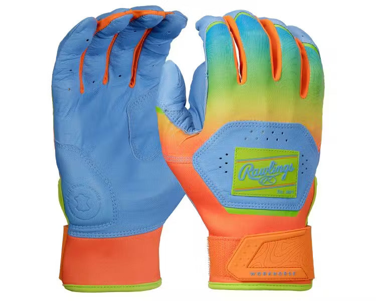 Rawlings Workhorse Funburst Batting Gloves - Columbia Blue/Orange – Product View | Smash It Sports | leather, pro