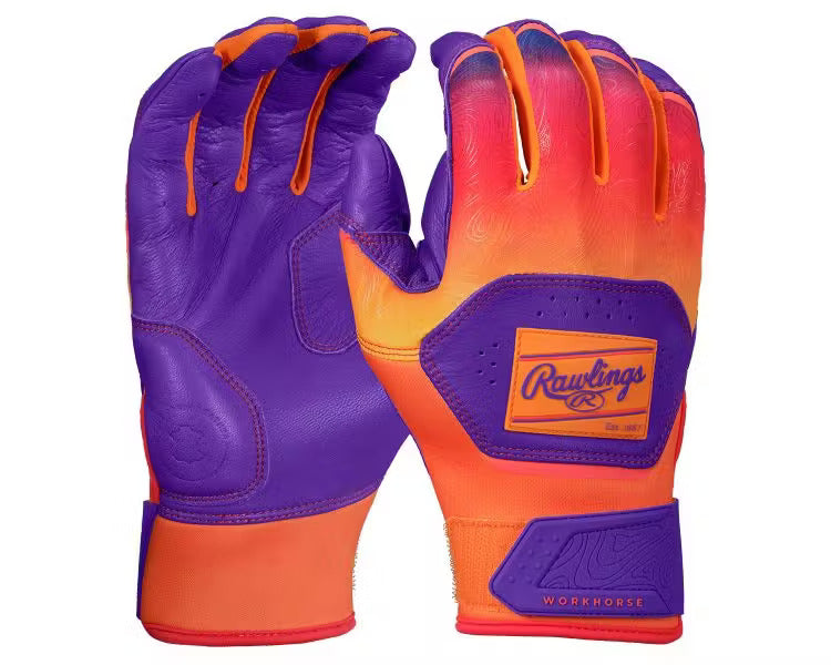Rawlings Workhorse Funburst Batting Gloves - Purple/Orange – Product View | Smash It Sports | leather, pro