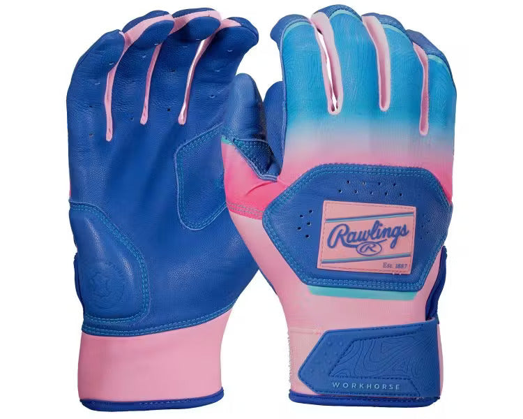 Rawlings Workhorse Funburst Batting Gloves - Royal/Pink – Product View | Smash It Sports | leather, pro