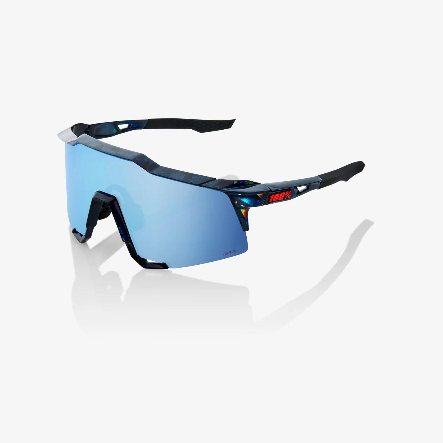 100 Percent Sunglasses - SPEEDCRAFT - Black Holographic - HiPER Blue Multilayer Mirror Lens – Product View | Smash It Sports