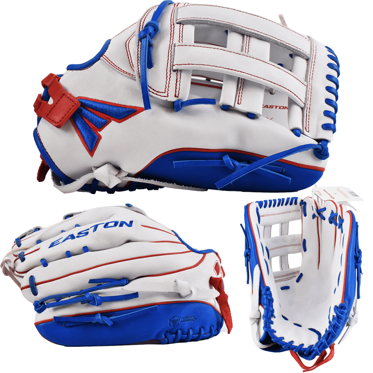 2022 Easton Small Batch No. 74 Slowpitch Softball Glove - White/Red/Royal – Specs Overview | Smash It Sports | leather, cowhi