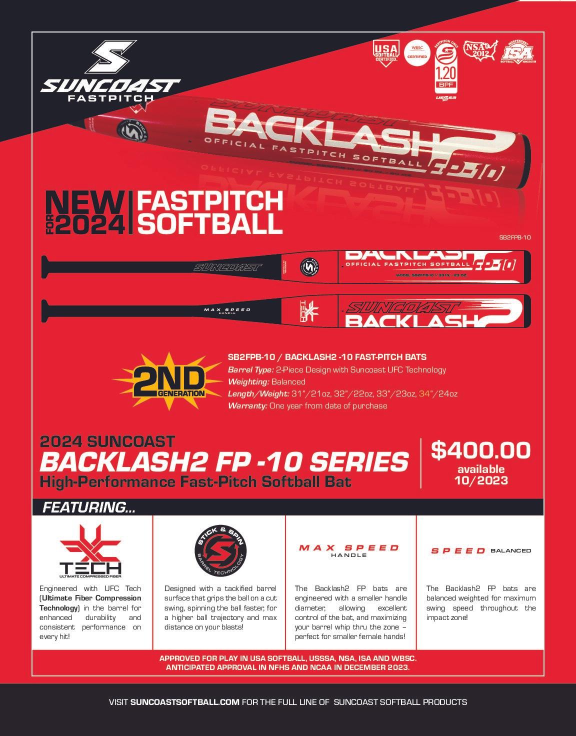 2024 Suncoast Backlash2 FP -10 Fastpitch Softball Bat (All Associations) - Smash It Sports