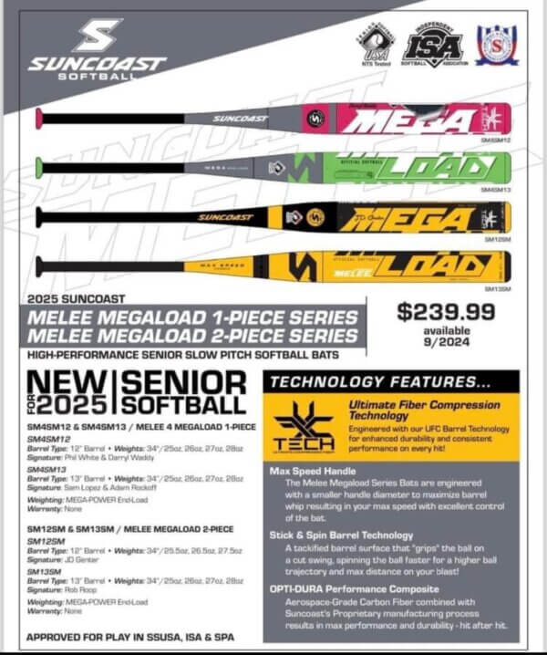 2025 Suncoast Melee Megaload 13" 2-Piece SSUSA Senior Slowpitch Softball Bat - SM13SM