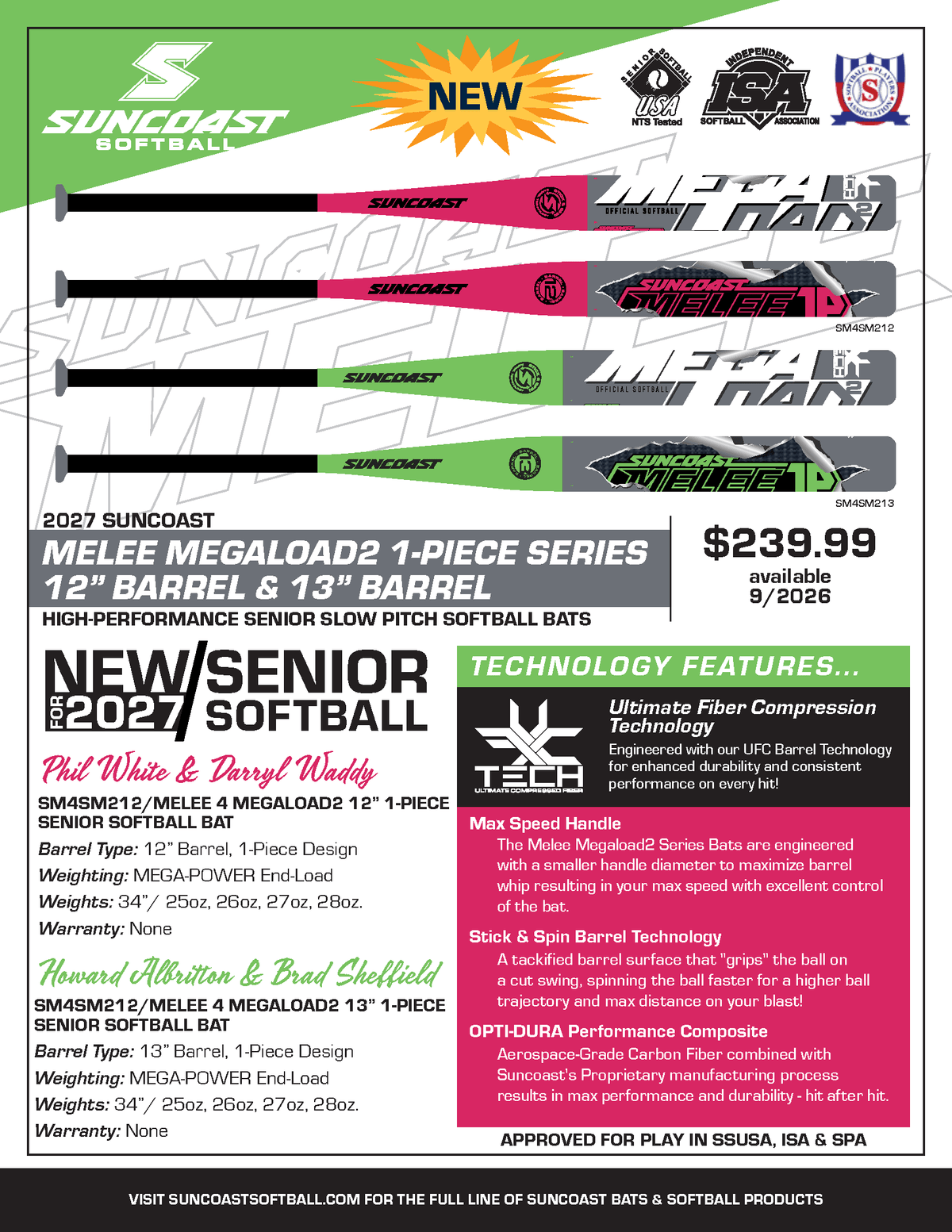 Suncoast Melee 4 Megaload2 12" 1-Piece SSUSA Senior Slowpitch Softball Bat