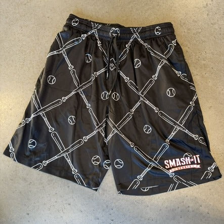 Smash It Sports Mesh Shorts - Bats and Balls (Black/White)