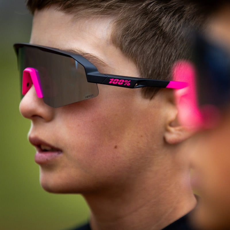 100 Percent Sunglasses - SLENDALE Youth - Matte Black/Pink - HiPER Blue Mirror