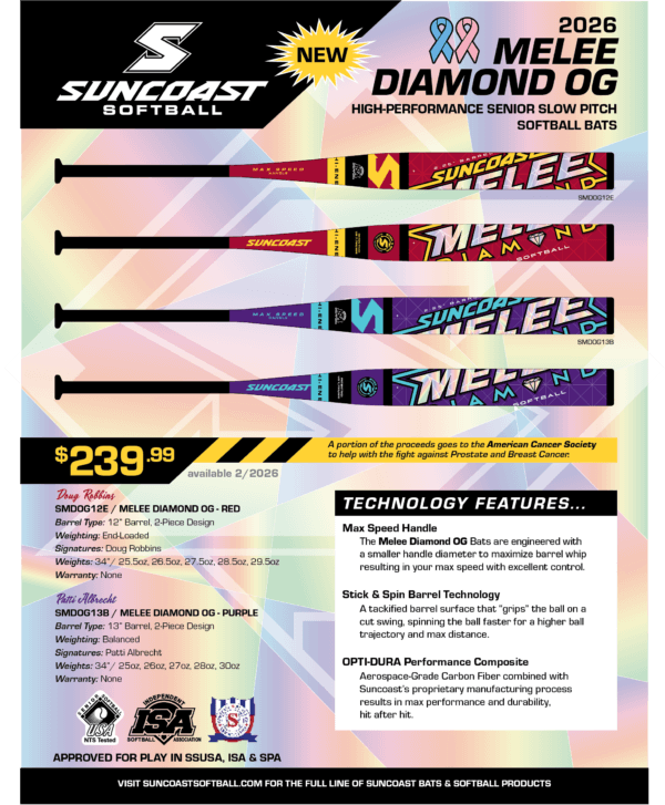 2026 Suncoast Melee Diamond OG 13" 2-Piece Balanced SSUSA Senior Slowpitch Softball Bat – Specs Overview | Smash It Sports
