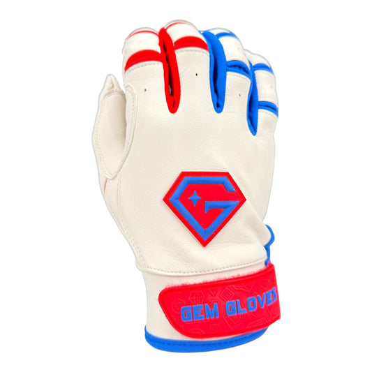 Gem Glove Prospector Short Cuff Batting Glove - White/Red/Royal