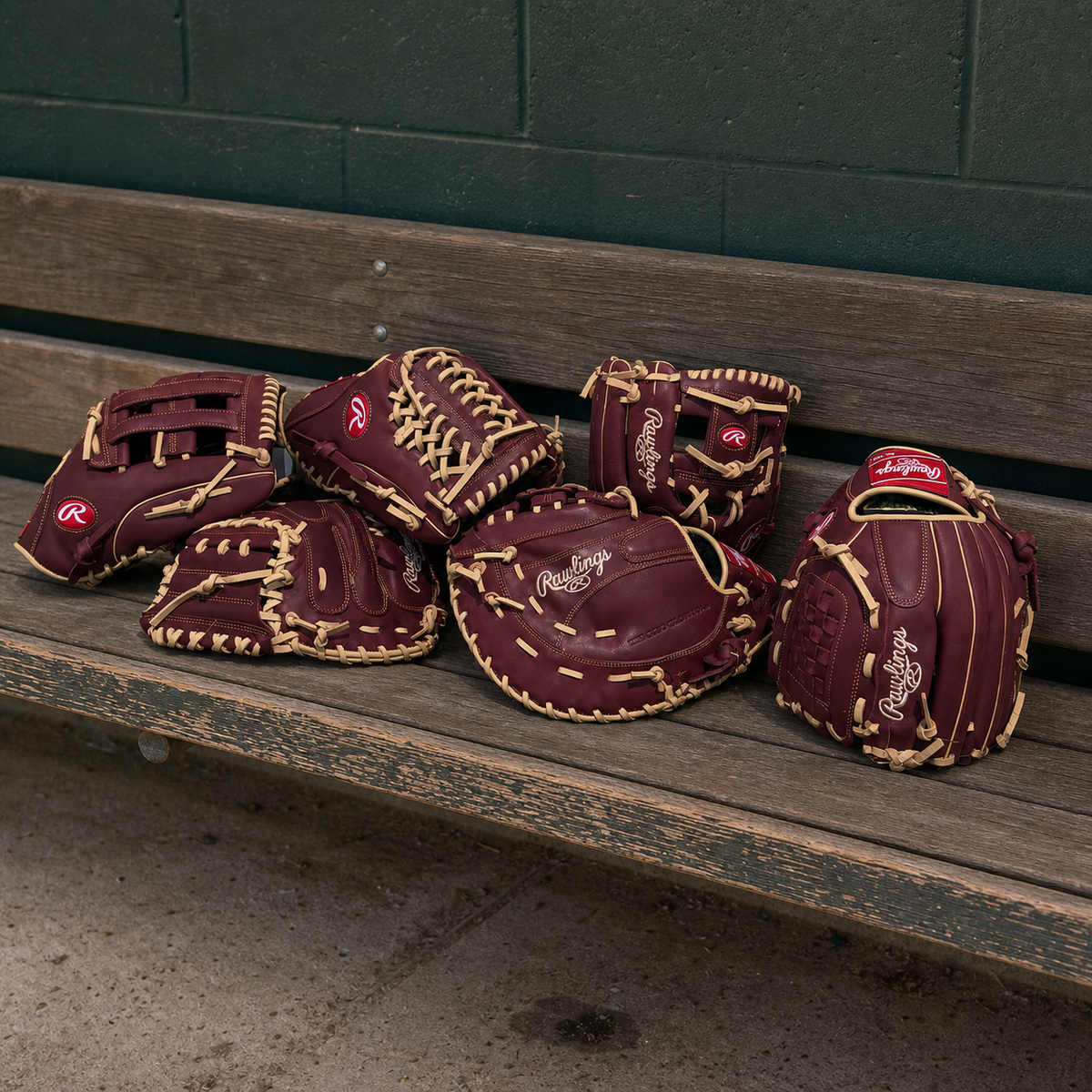 Maroon baseball gloves with gold stitching on a wooden bench against a green wall.