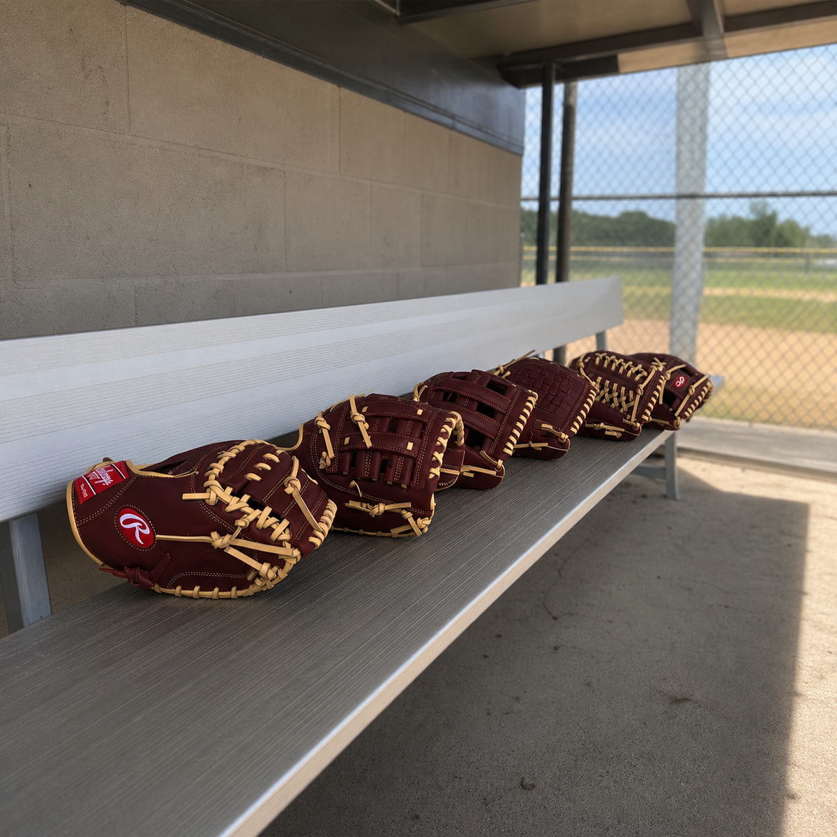 Row of baseball gloves on a bench in a dugout with a field background