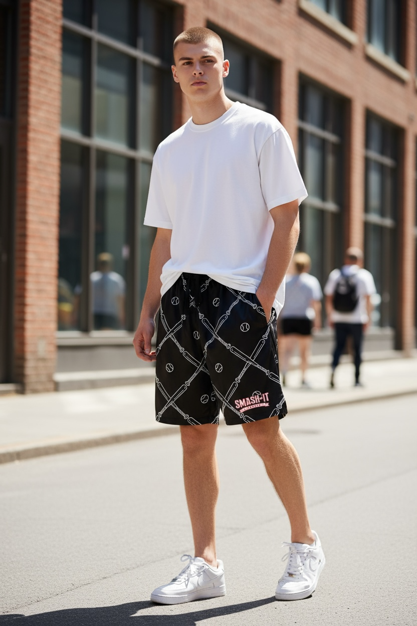 Smash It Sports Mesh Shorts - Bats and Balls (Black/White)