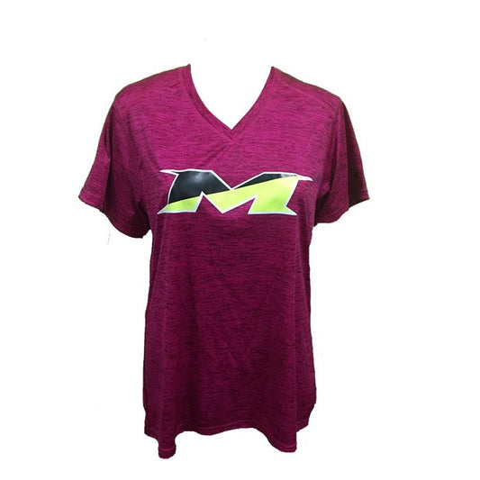 Miken Tonal Blend Ladies V-Neck Tee - Badger (Pink-Black/Yellow/White)