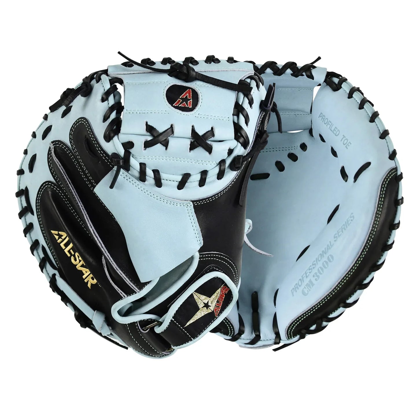All-Star Pro Elite 34" Black/Sky Blue Catchers Mitt/Glove – Product View | Smash It Sports | leather, steerhide, pro