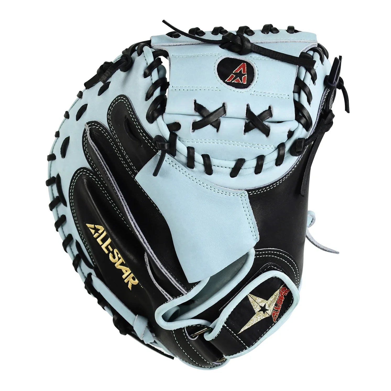 All-Star Pro Elite 34" Black/Sky Blue Catchers Mitt/Glove – Product View | Smash It Sports | leather, steerhide, pro