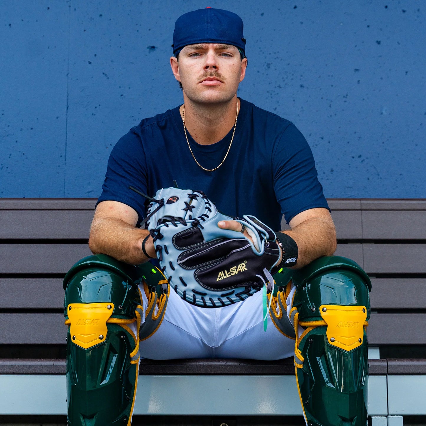 All-Star Pro Elite 34" Black/Sky Blue Catchers Mitt/Glove – Product View | Smash It Sports | leather, steerhide, pro