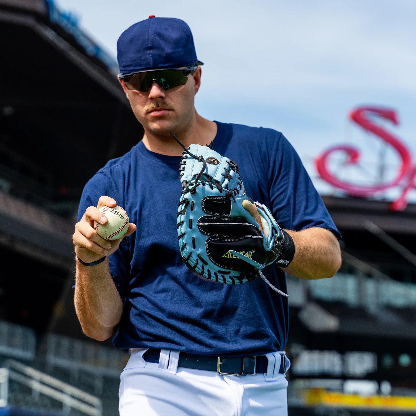 All-Star Pro Elite 34" Black/Sky Blue Catchers Mitt/Glove – Product View | Smash It Sports | leather, steerhide, pro