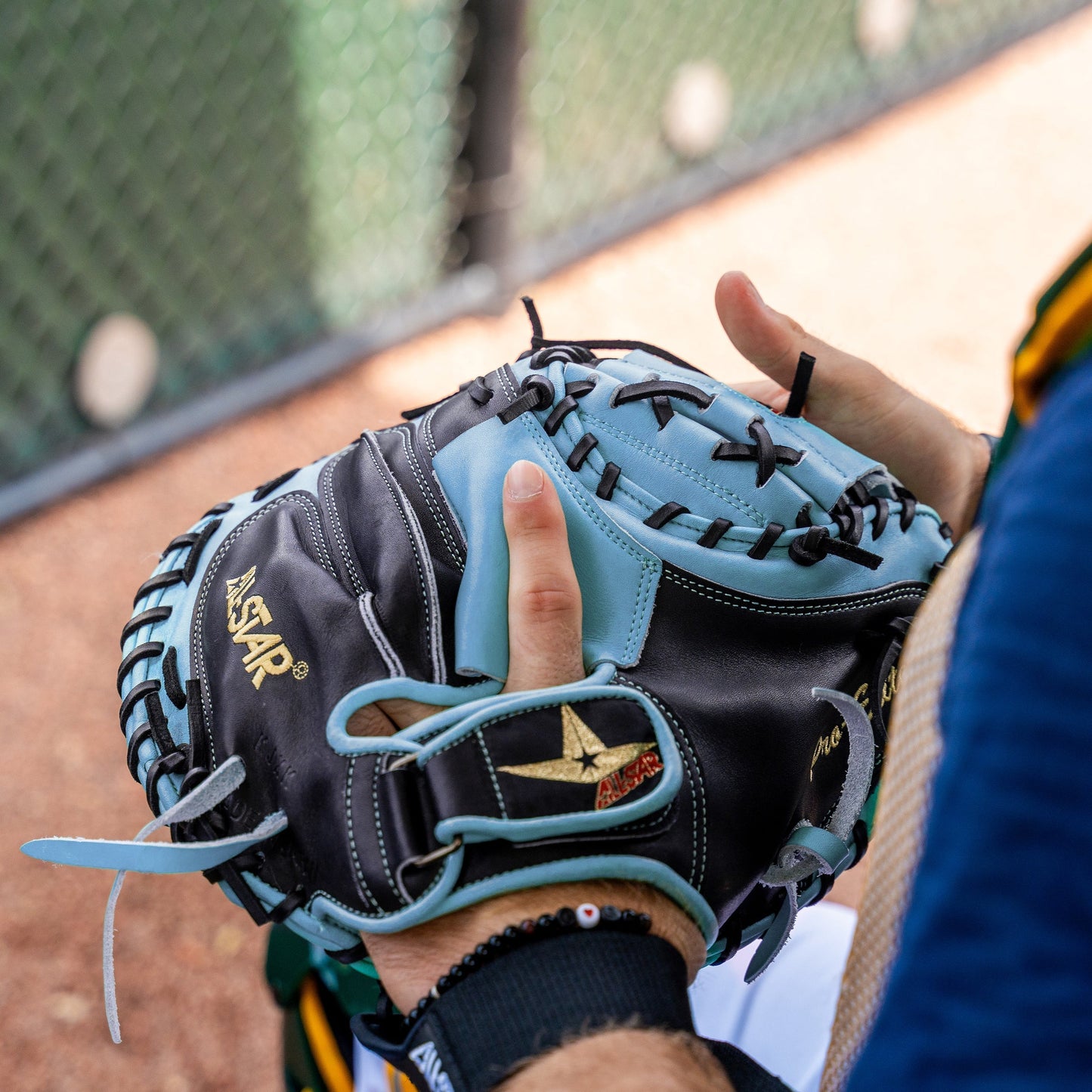 All-Star Pro Elite 34" Black/Sky Blue Catchers Mitt/Glove – Product View | Smash It Sports | leather, steerhide, pro