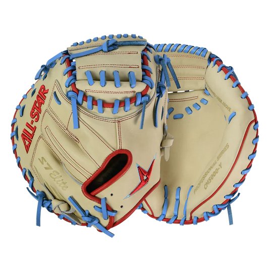 All-Star S7-Elite Pro Travel Fit Catchers Mitt/Glove - Tan/Red/Sky Blue