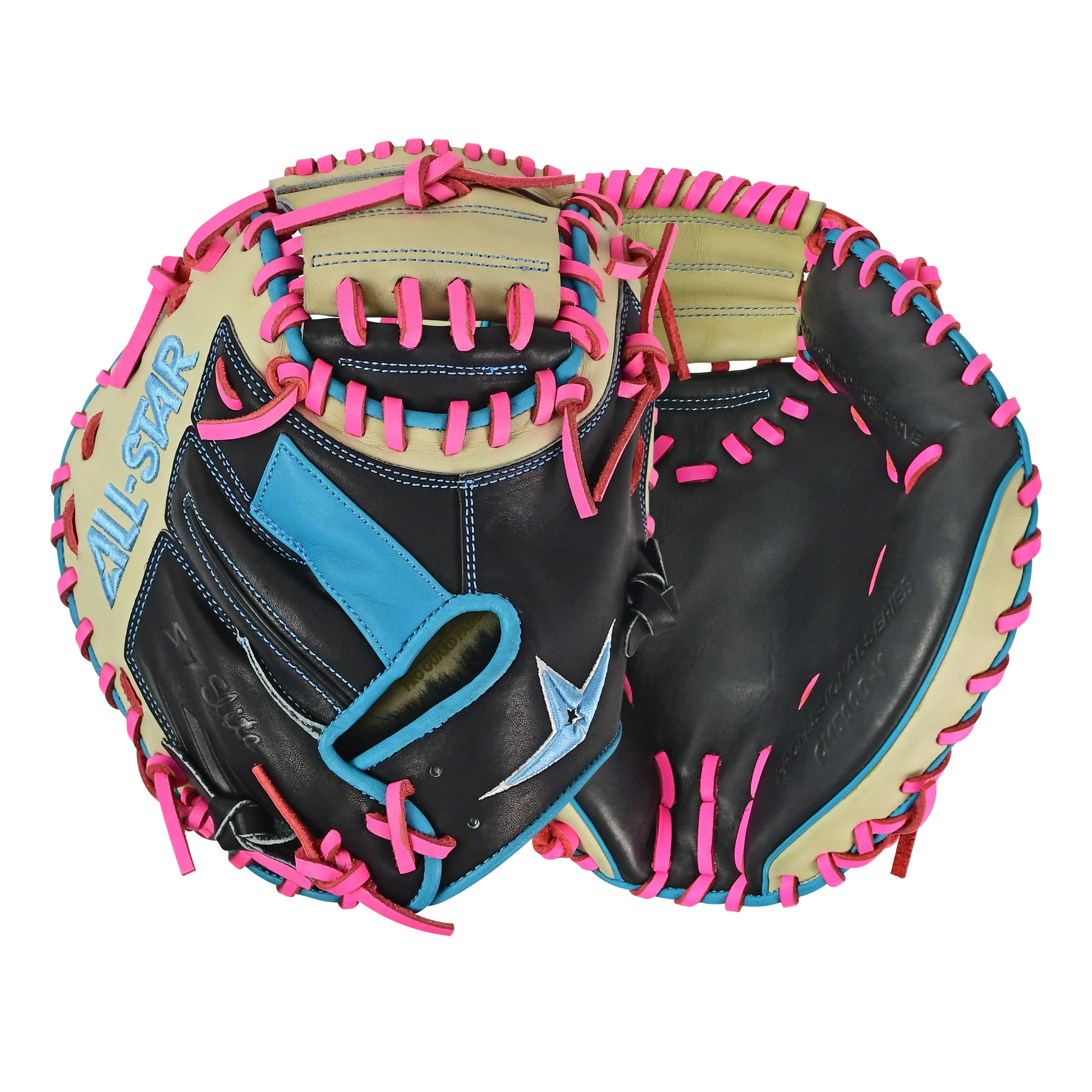 All-Star S7-Elite Pro Travel Fit Catchers Mitt/Glove - Black/Tan/Sky Blue/Pink – Product View | Smash It Sports | leather, pr