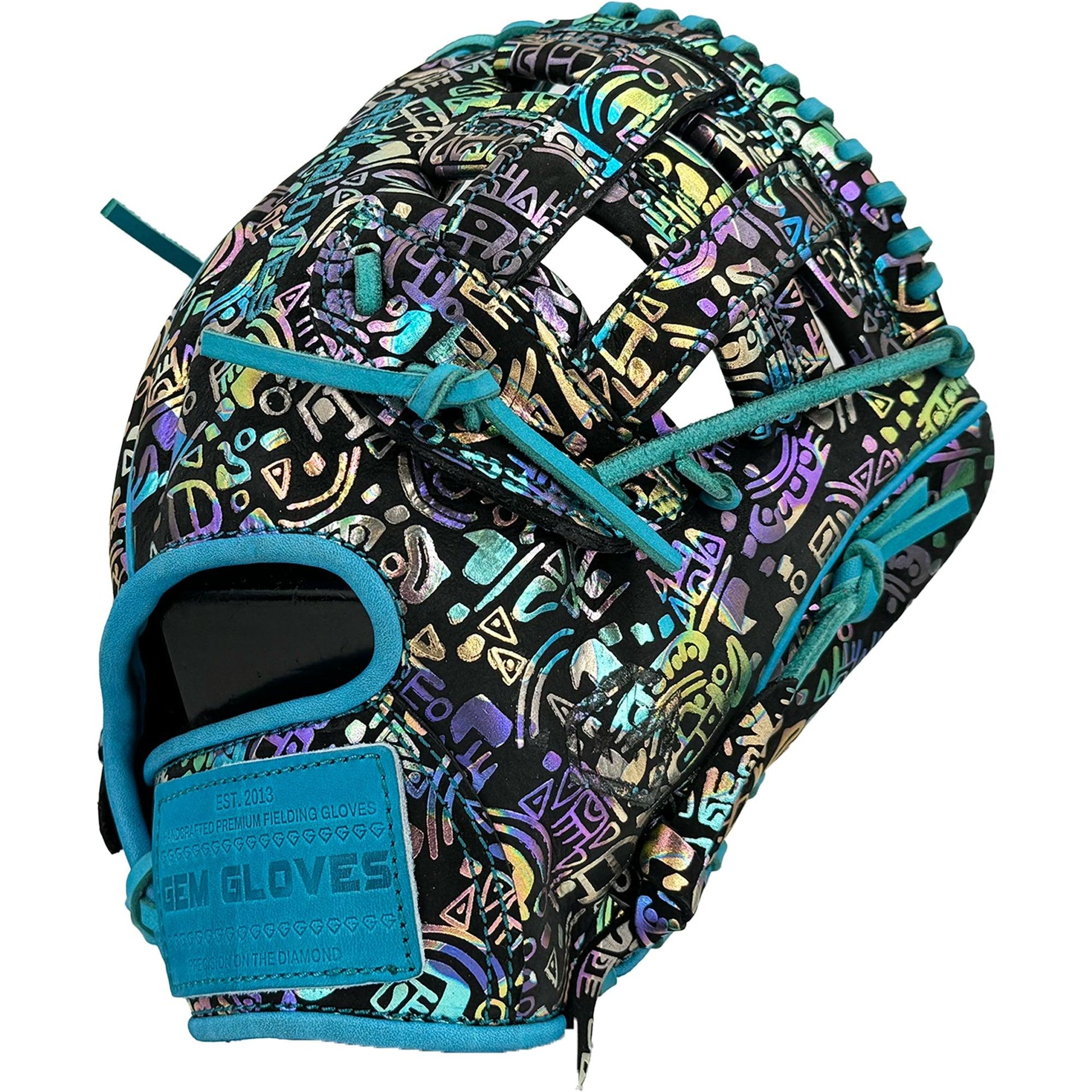 Gem Gloves Baseball Fielding Glove - GEM035 Holographic Aztec – Product View | Smash It Sports | leather, kip, pro