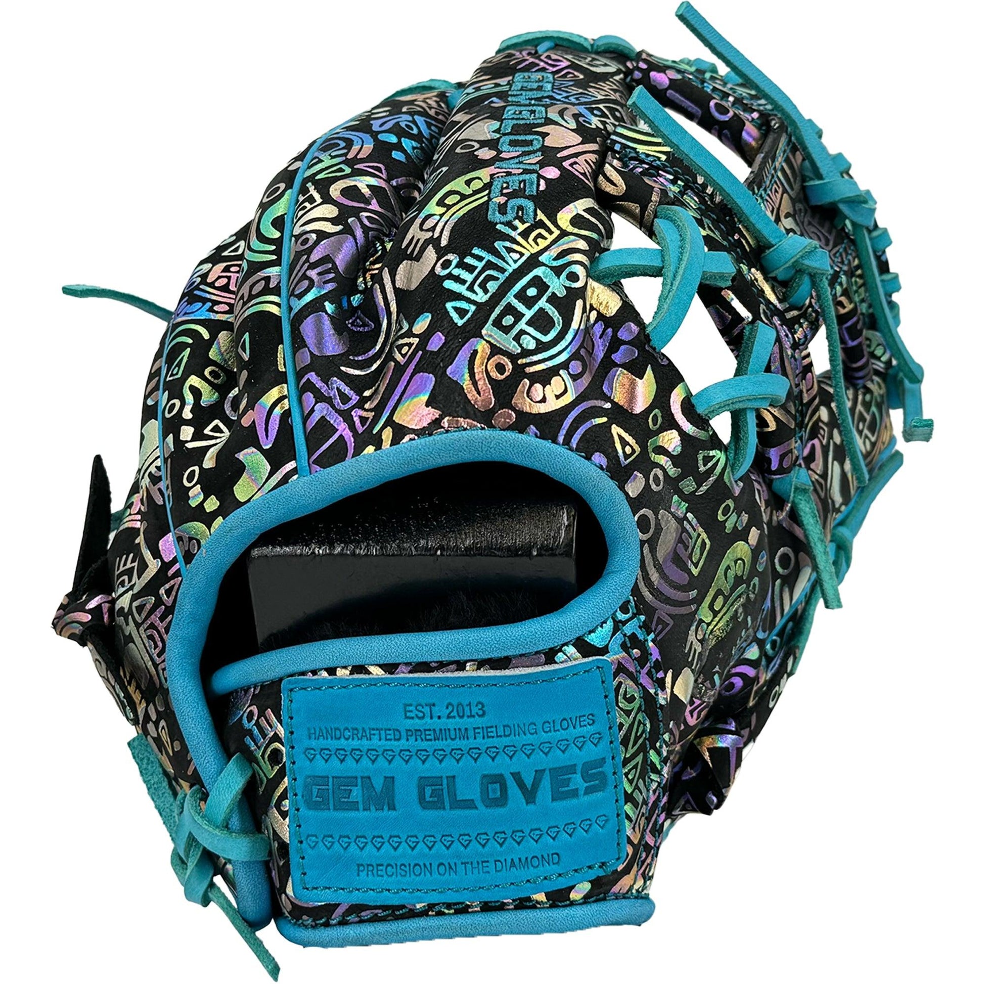 Gem Gloves Baseball Fielding Glove - GEM035 Holographic Aztec – Product View | Smash It Sports | leather, kip, pro